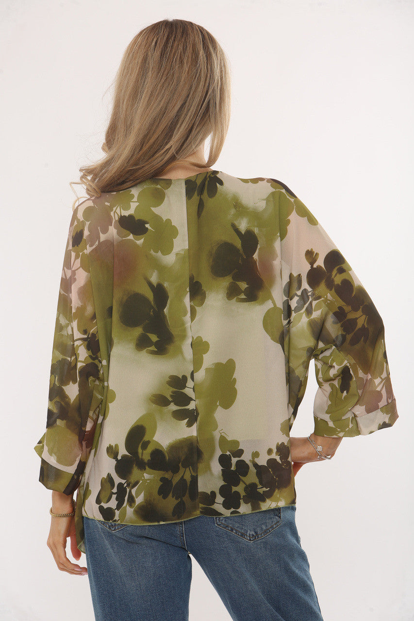 BLOUSE MET ABSTRAKTE BLAADSILHOUET-PRINT LIMOEN
