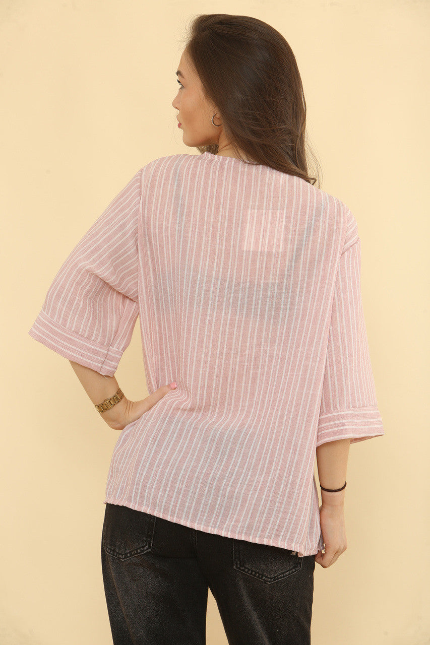 Gestreepte linnenmix top - Oudroze