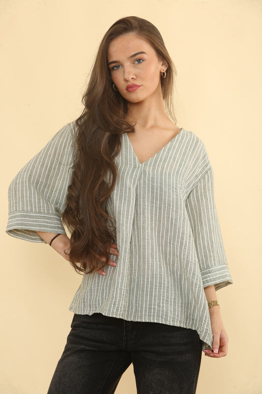 PINSTRIPE LINNENMIX TOP - KHAKI