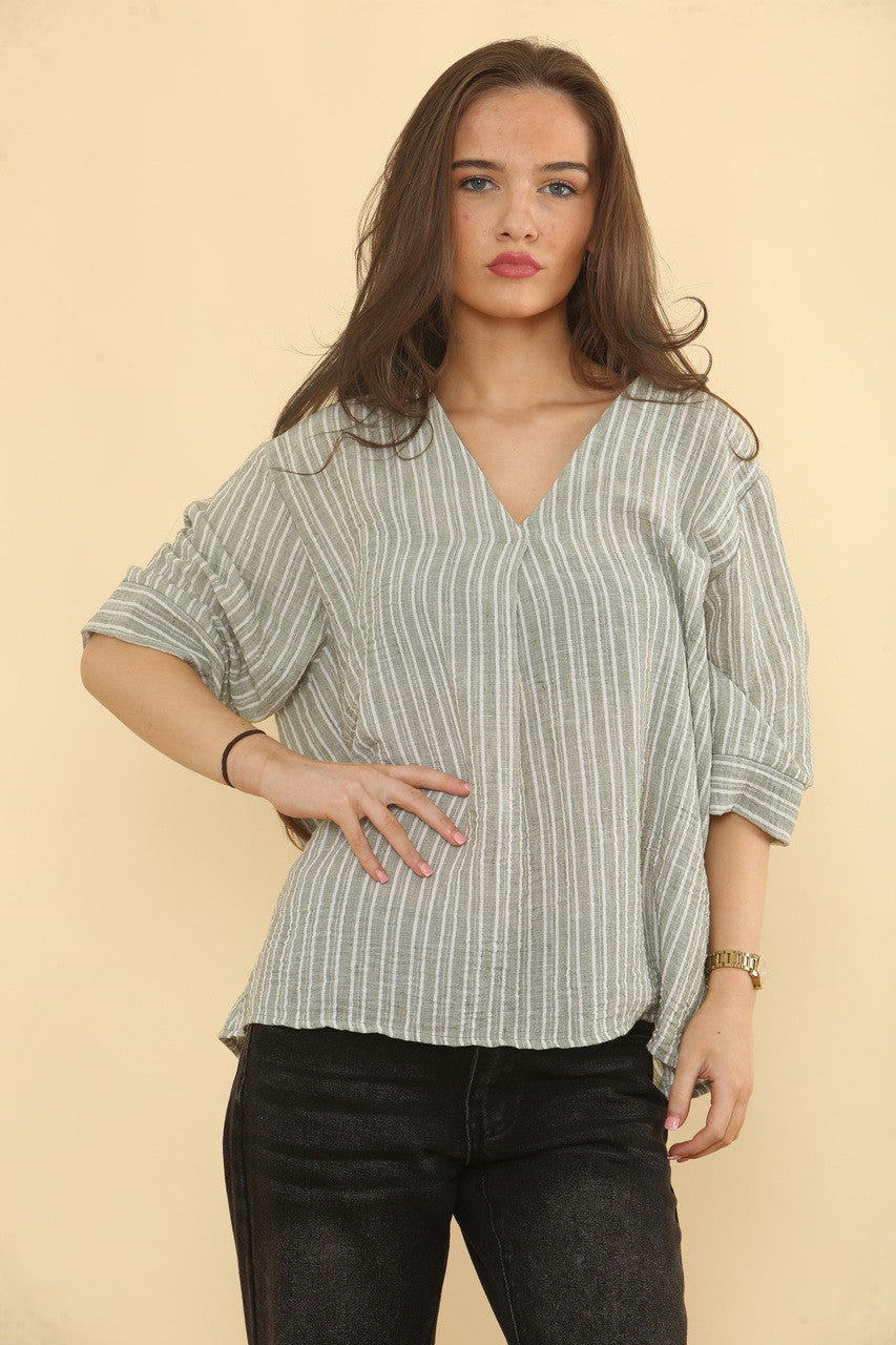 PINSTRIPE LINNENMIX TOP - KHAKI