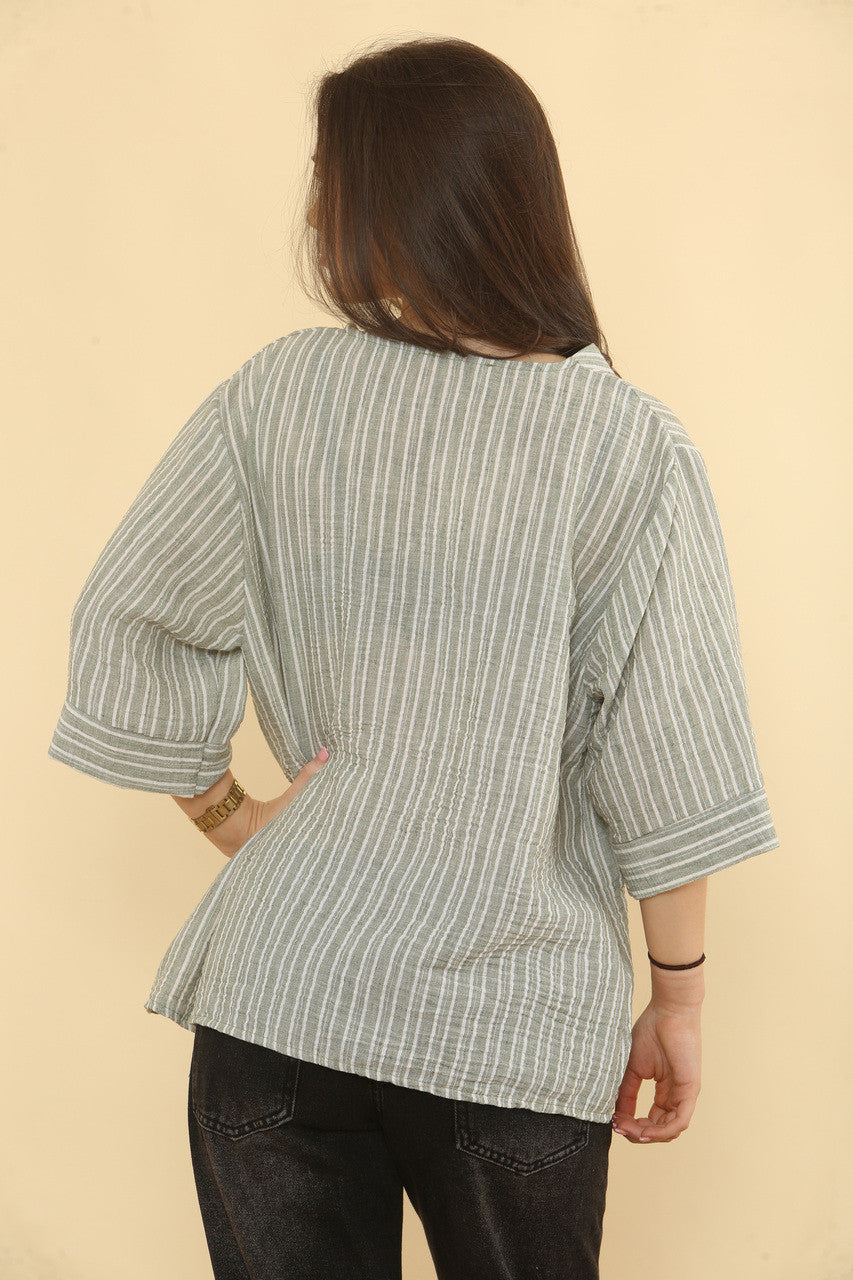 PINSTRIPE LINNENMIX TOP - KHAKI
