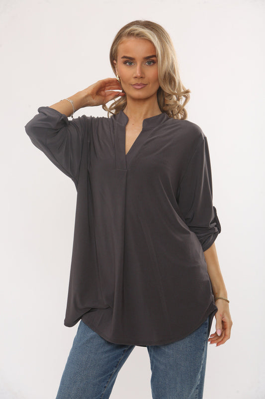 SLINKY V-NECK BLOUSE BLOUSE - CHARCOAL