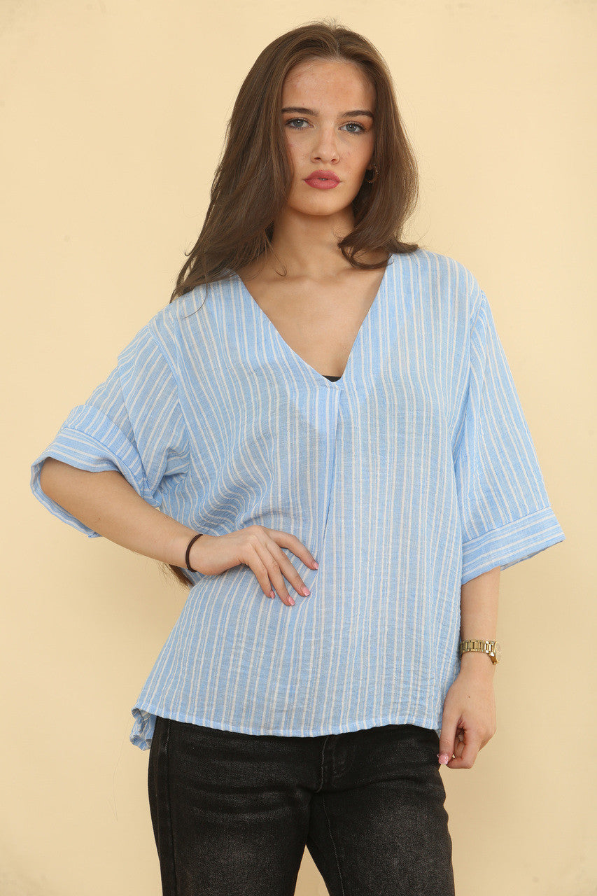 PIJAMA STREEP LINNEN MIX TOP - LICHTBLAUW