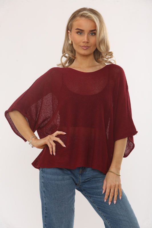 GEBREIDE TOP MET VLEERMUISMOUWEN - BORDEAUXROOD