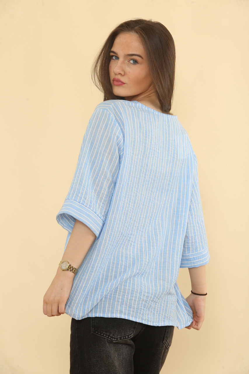 PIJAMA STREEP LINNEN MIX TOP - LICHTBLAUW