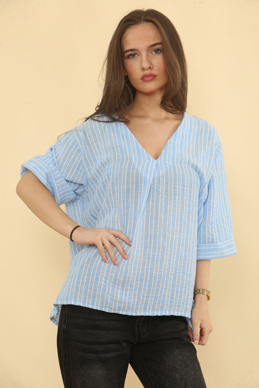 PIJAMA STREEP LINNEN MIX TOP - LICHTBLAUW