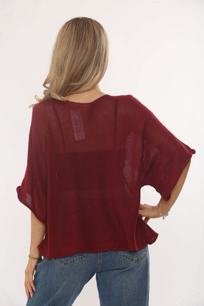 GEBREIDE TOP MET VLEERMUISMOUWEN - BORDEAUXROOD