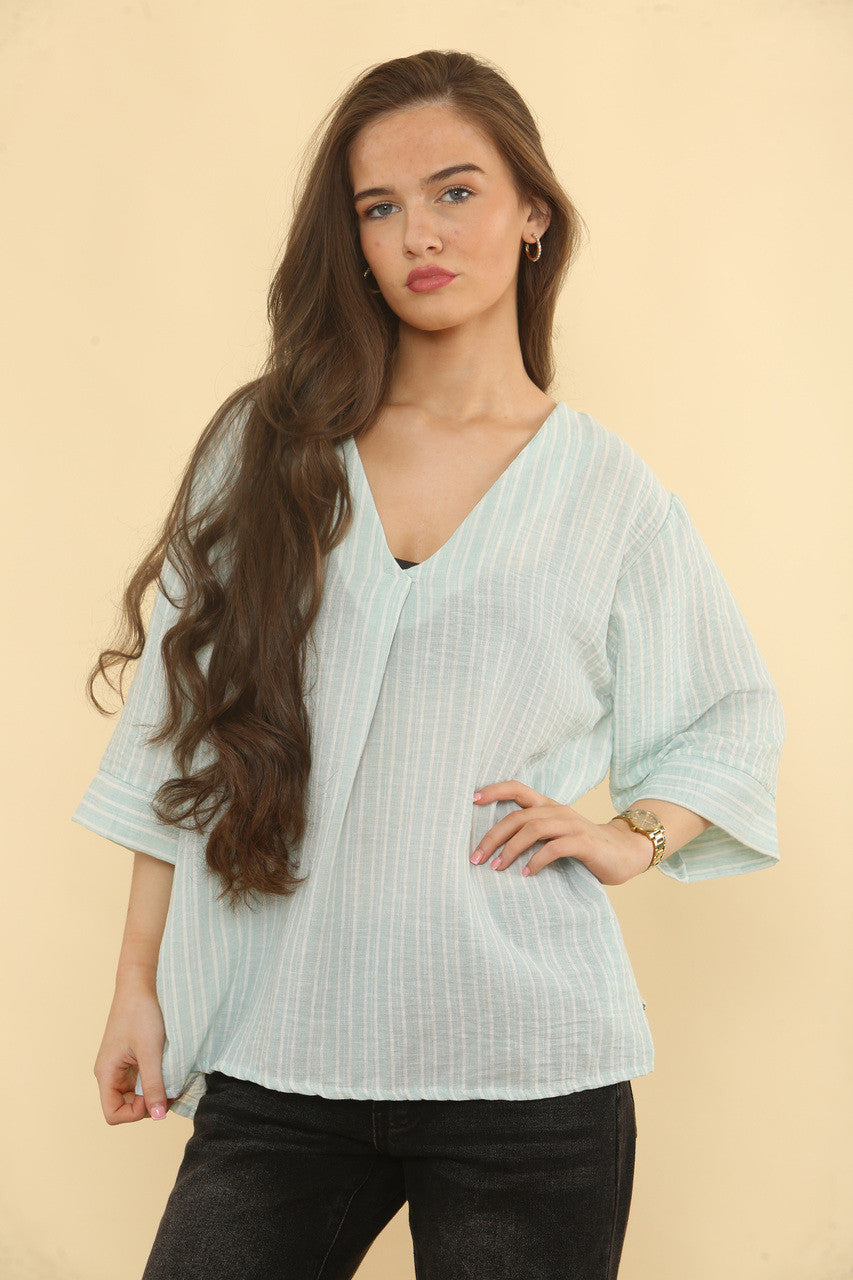 STREEPJESBLOUSE LINNENMIX - MINT
