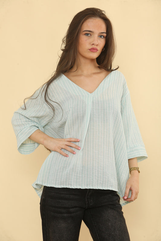 STREEPJESBLOUSE LINNENMIX - MINT