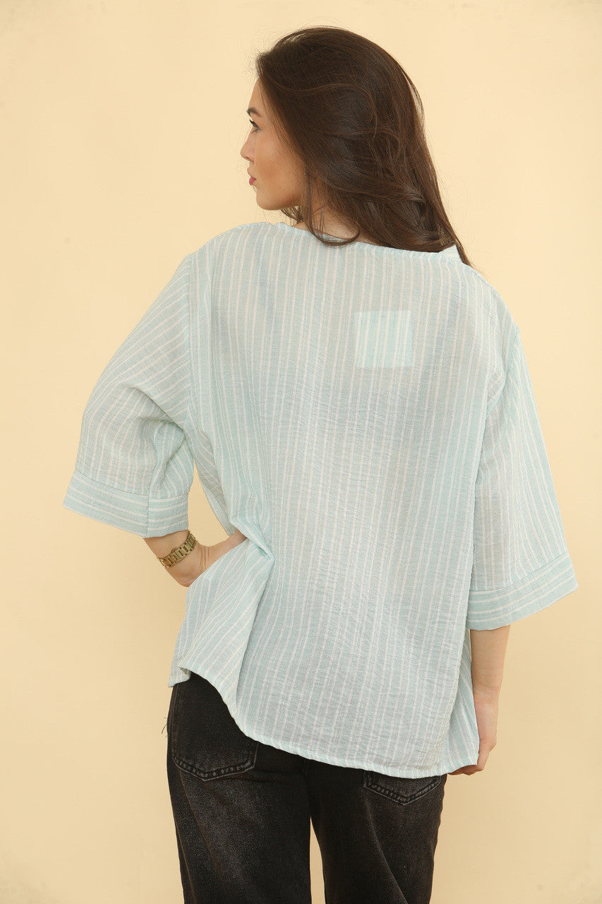 STREEPJESBLOUSE LINNENMIX - MINT