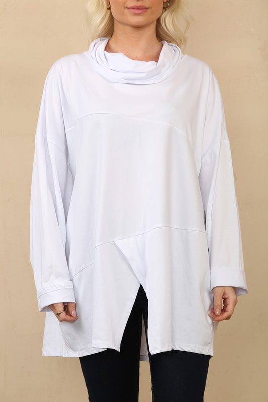 COWL NECK SLIT HEM TOP WHITE