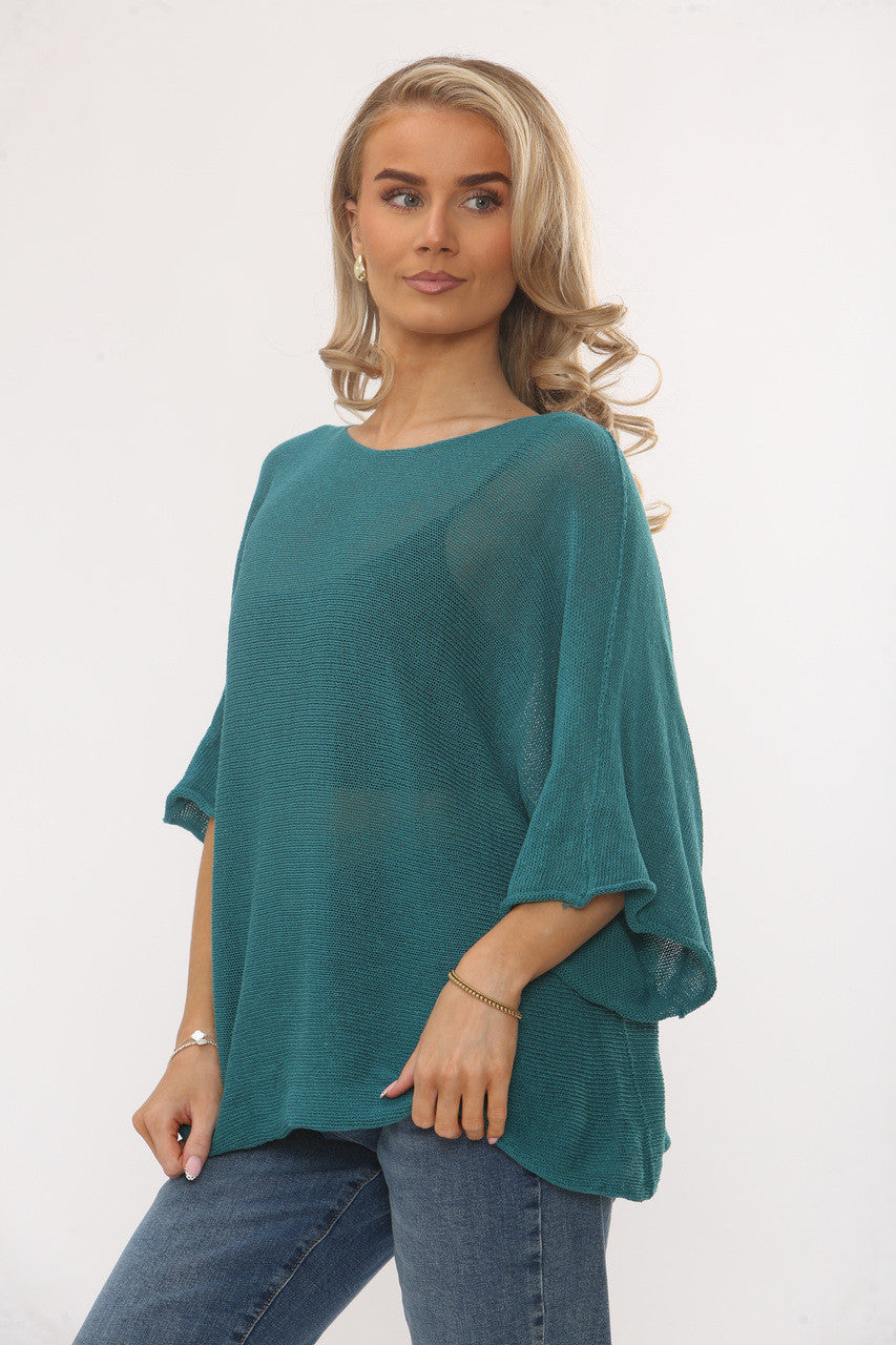 GEBREIDE BATWING TOP MET MOUWEN - AQUAMARIJN
