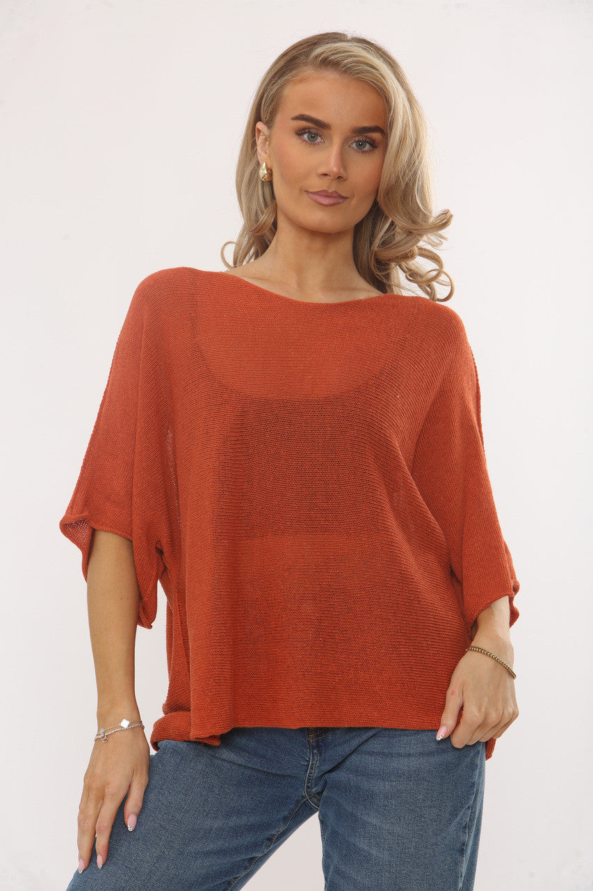 GEBREIDE BATWING TOP MET MOUWEN - ROEST