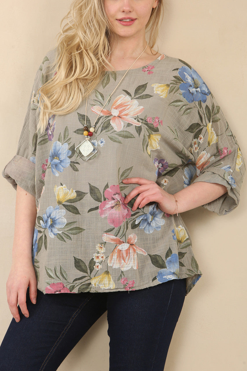 TOP MET BLOEMENPRINT - TAUPE
