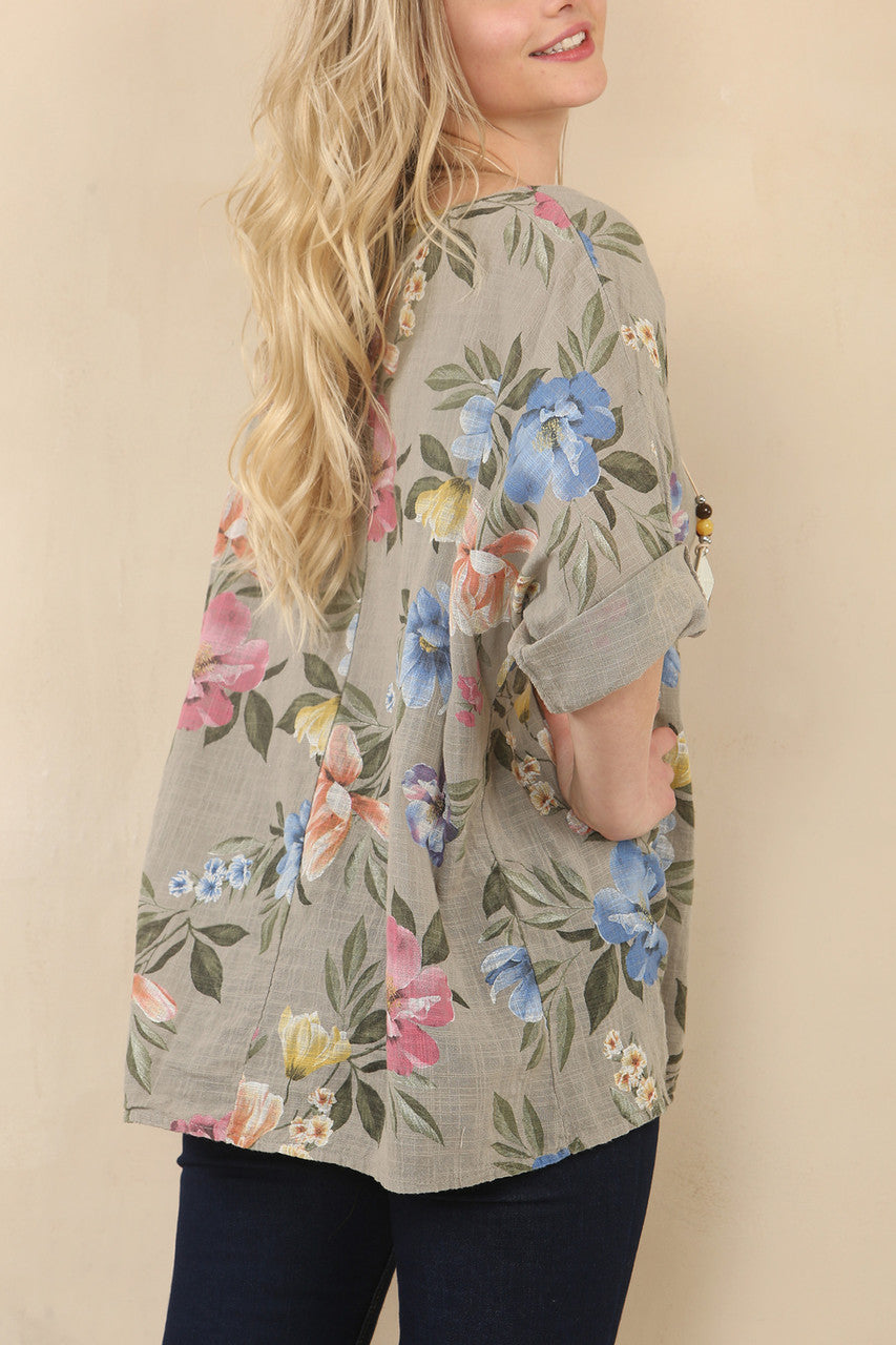 TOP MET BLOEMENPRINT - TAUPE