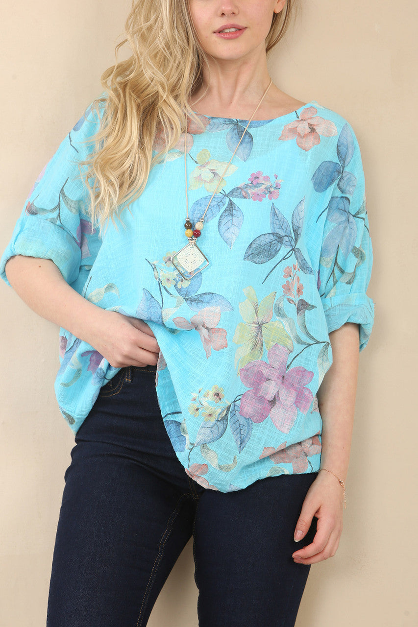TOP MET BLOEMENCLUSTERPRINT - TURQUOISE