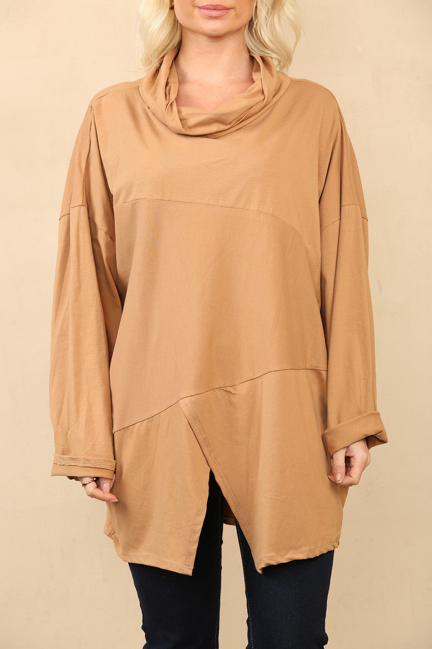 COWL NECK TRUI MET SPLIT CAMEL