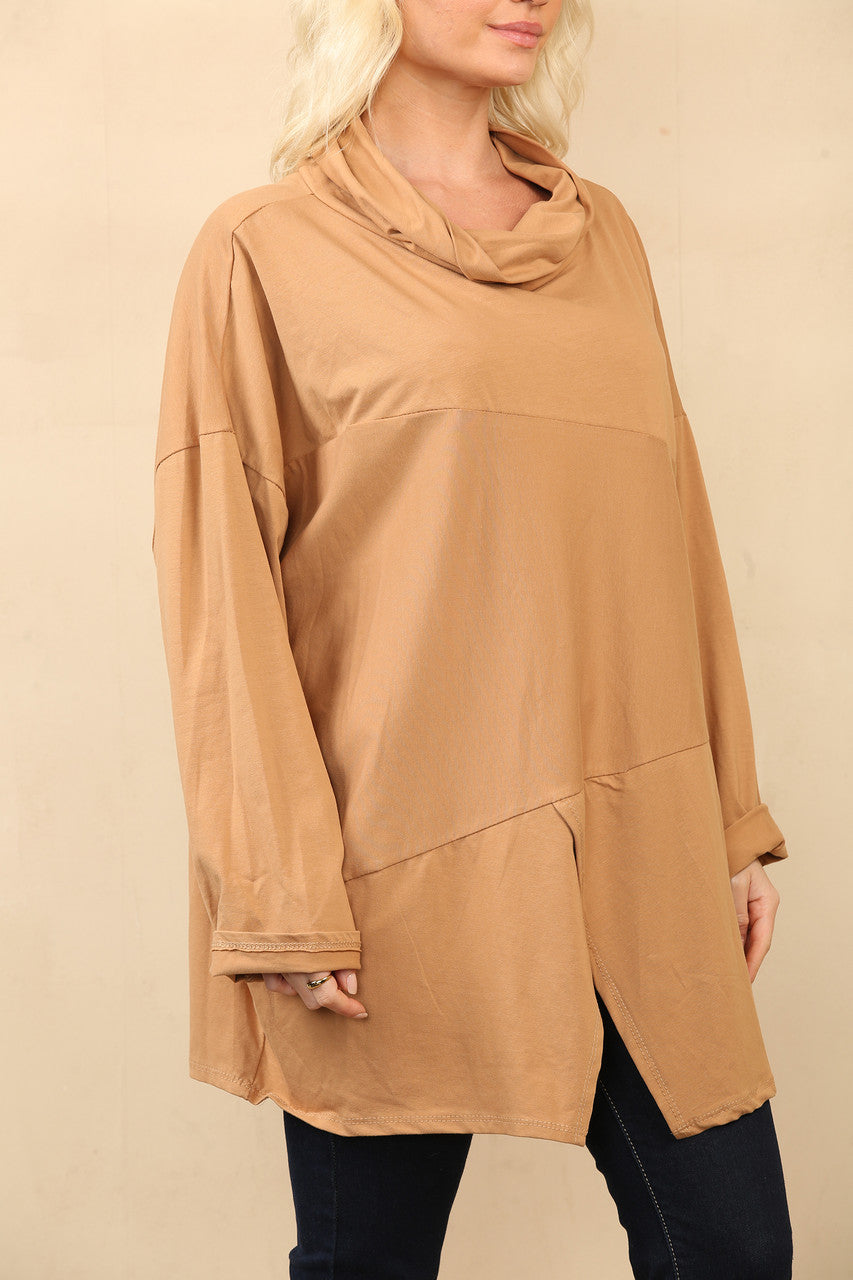 COWL NECK TRUI MET SPLIT CAMEL