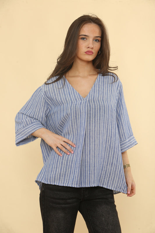 PINSTRIPE LINNENMIX TOP - DENIM
