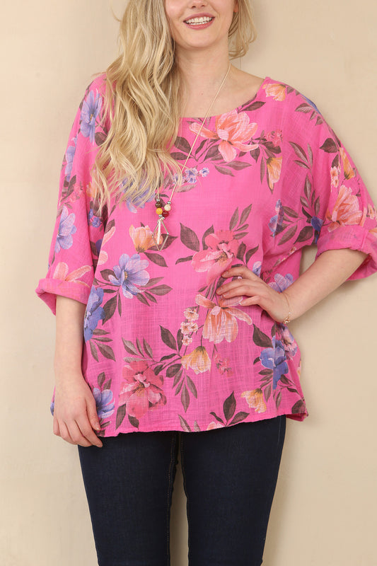 FLORAL CLUSTER PRINT TOP - CERISE