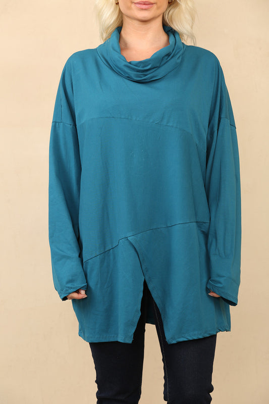 ROLKRAAG TOP MET SPLIT EN ZIJNADEN TEAL