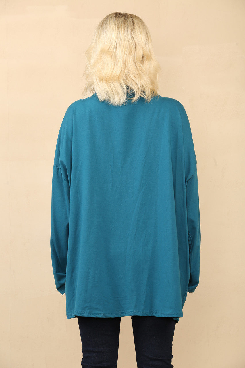 ROLKRAAG TOP MET SPLIT EN ZIJNADEN TEAL