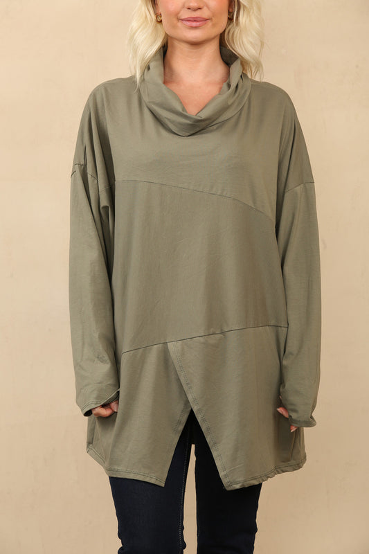 COWL NECK SLIT HEM TOP KHAKI