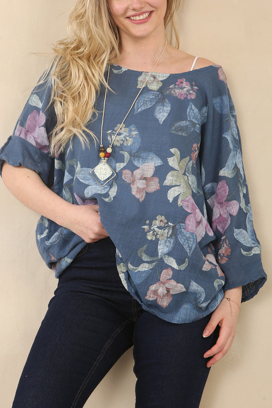 FLORAL CLUSTER PRINT TOP - NAVY