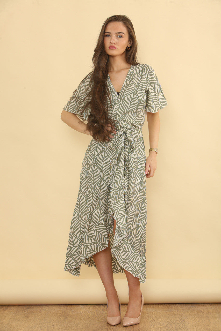 JURK MET OVERSLAGMODEL EN ABSTRACTE BLADERENPRINT - KHAKI