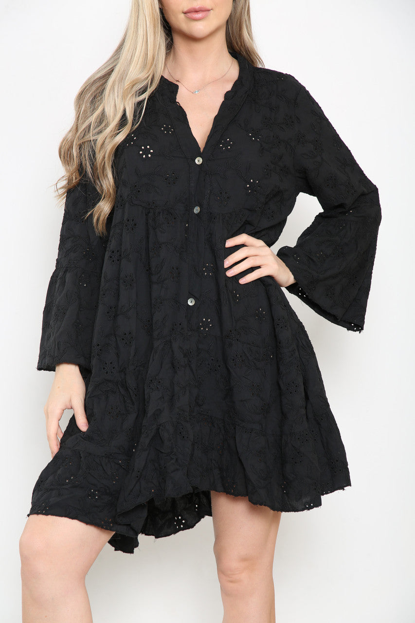 Ladies Floral Pattern Broderie Anglaise Shirt Dress Black