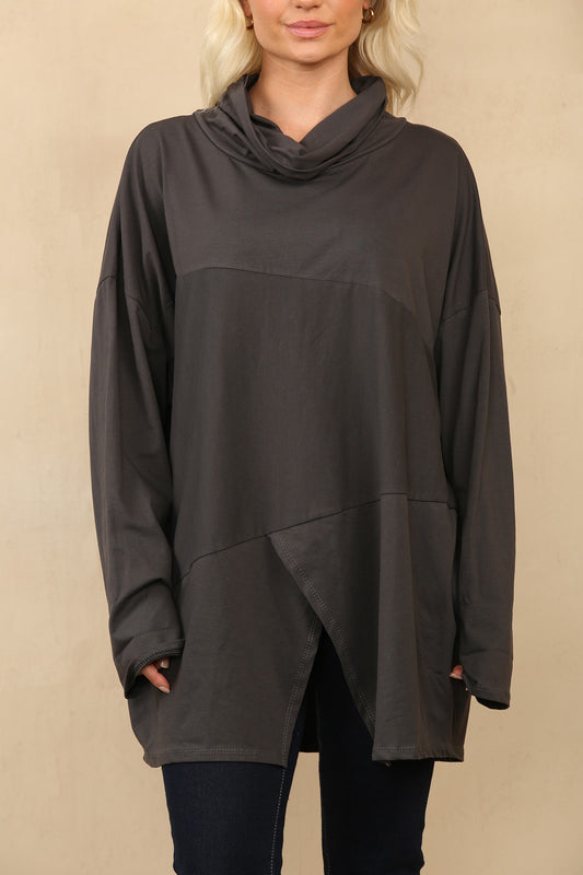 COWL NECK SLIT HEM TOP CHARCOAL