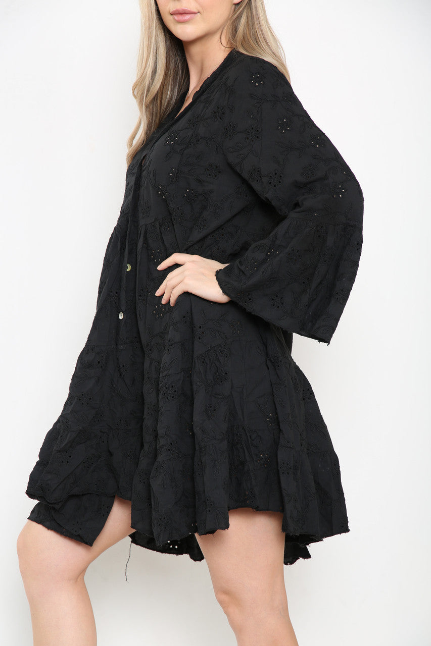 Ladies Floral Pattern Broderie Anglaise Shirt Dress Black