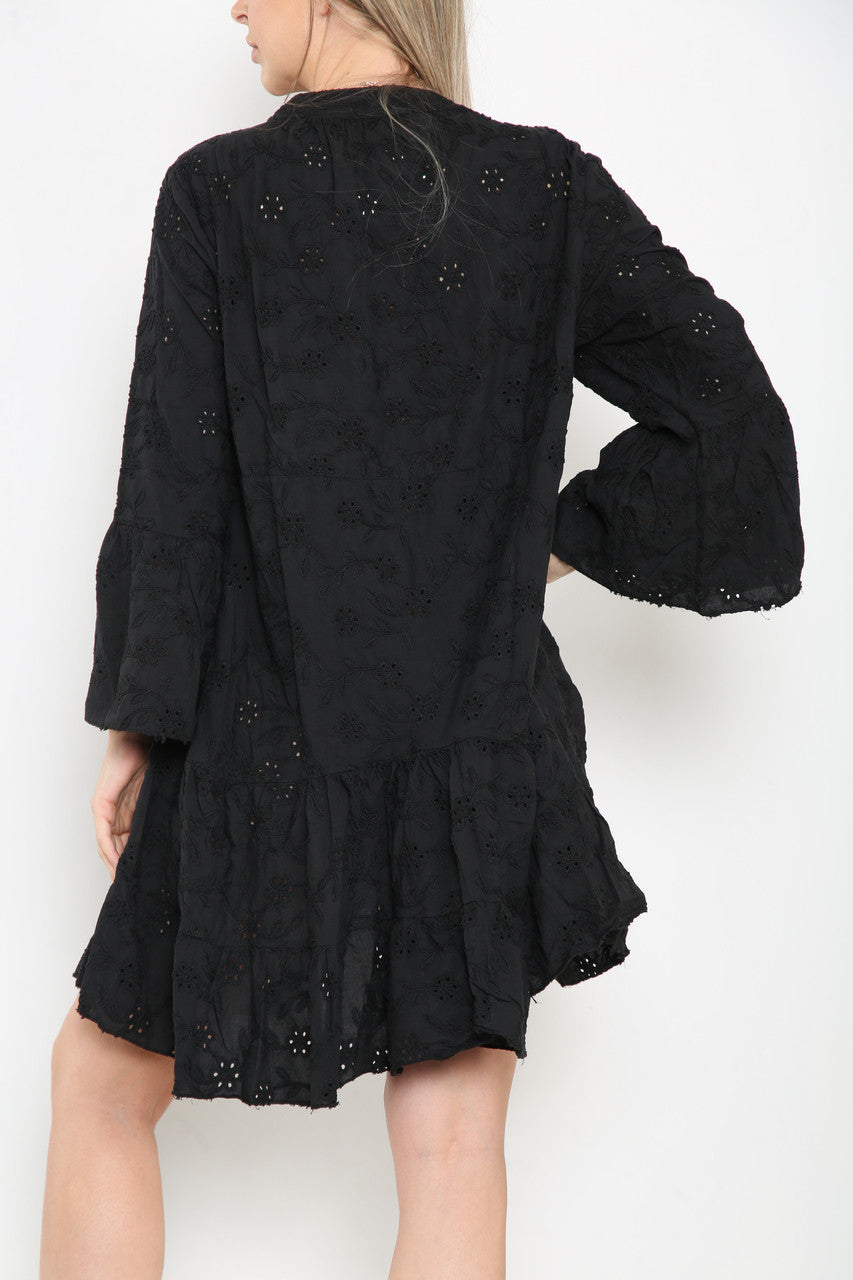 Ladies Floral Pattern Broderie Anglaise Shirt Dress Black