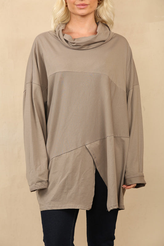 COWL NECK SLIT HEM TOP TAUPE