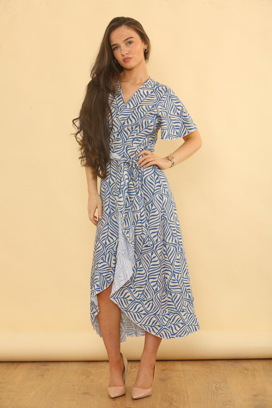 ABSTRACT LEAF PRINT WRAP STYLE DRESS - DENIM