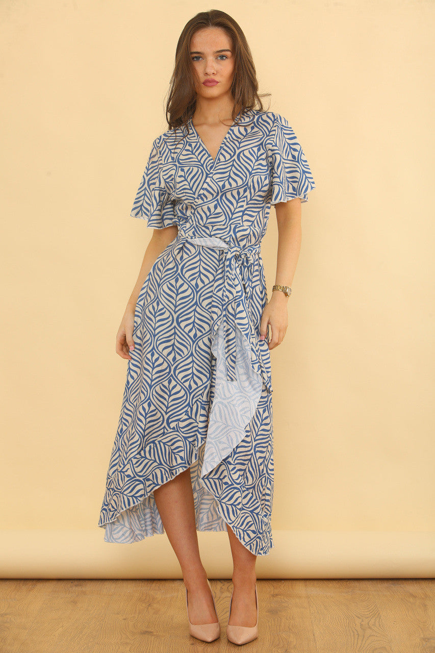 OVERSLAGJURK MET ABSTRACTE BLADERENPRINT - DENIM