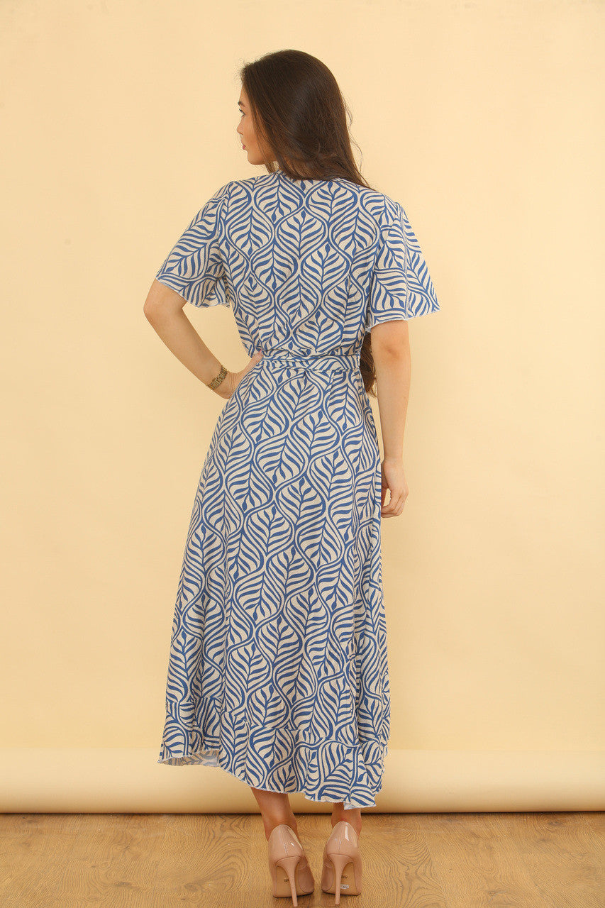 OVERSLAGJURK MET ABSTRACTE BLADERENPRINT - DENIM