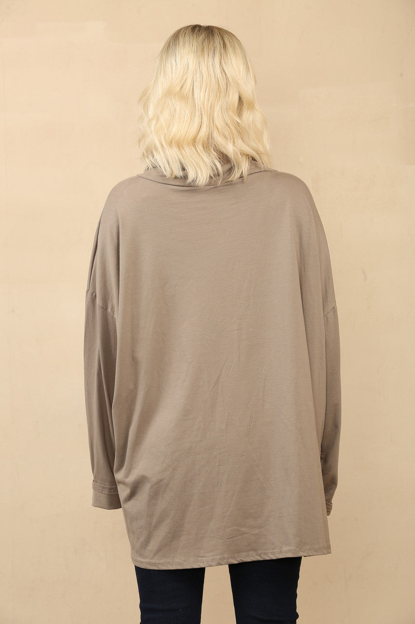 COWLNECK TOP MET SPLIT IN DE ZOOM TAUPE