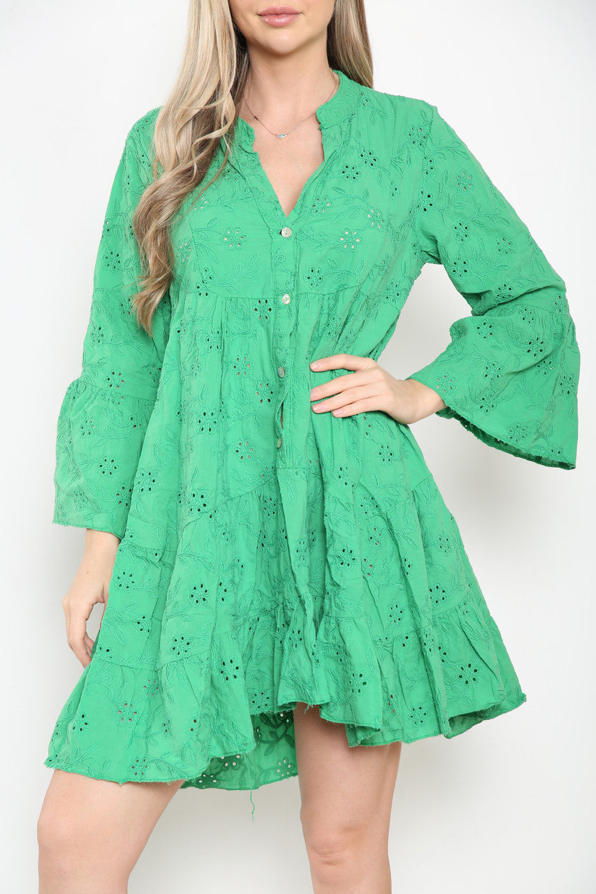 Dames Blousejurk met Gebloemd Broderie Anglaise Motief Groen