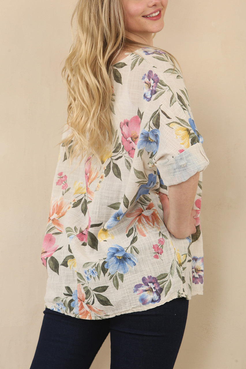 TOP MET BLOEMENPRINT - STEEN