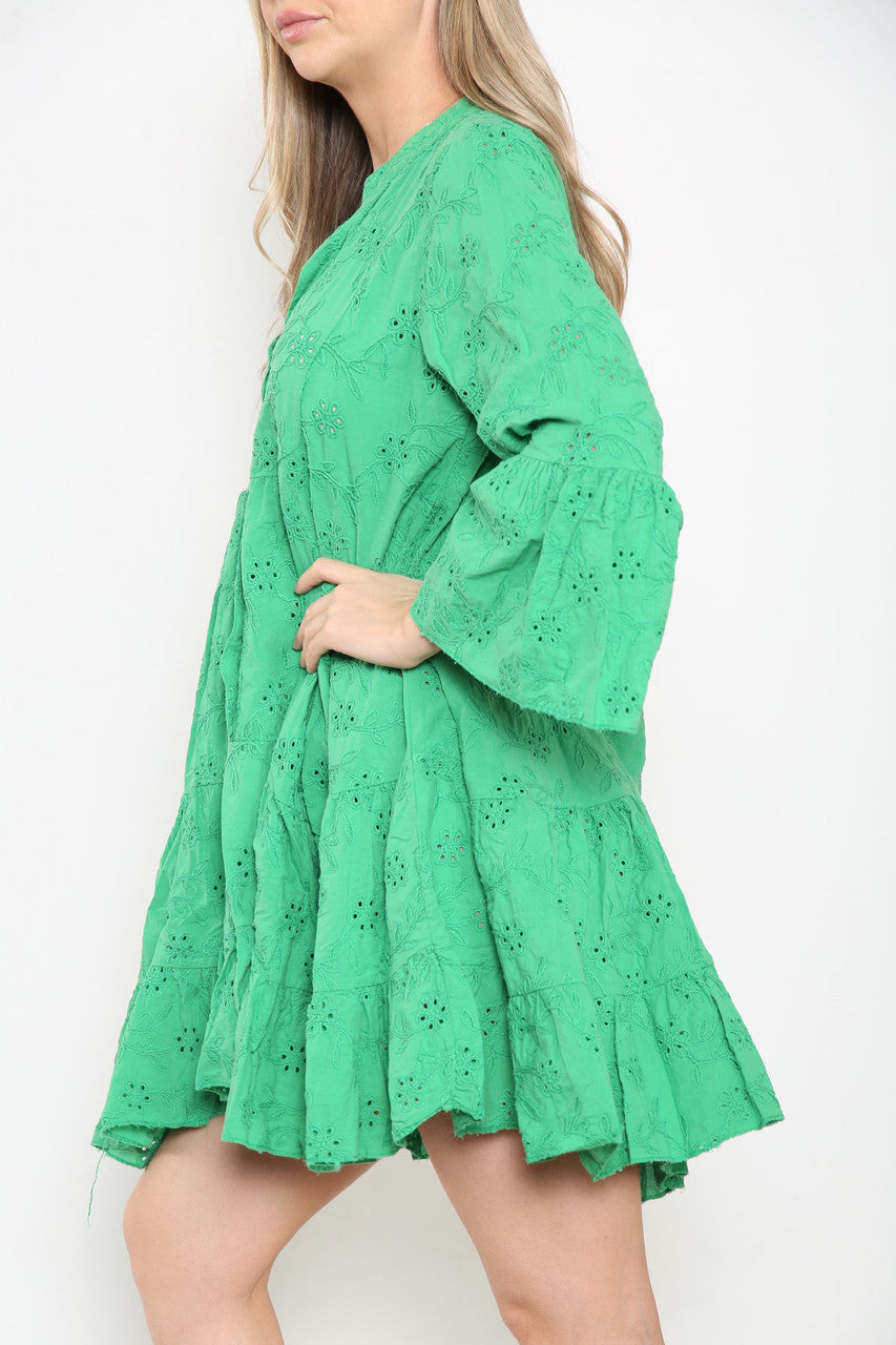 Dames Blousejurk met Gebloemd Broderie Anglaise Motief Groen