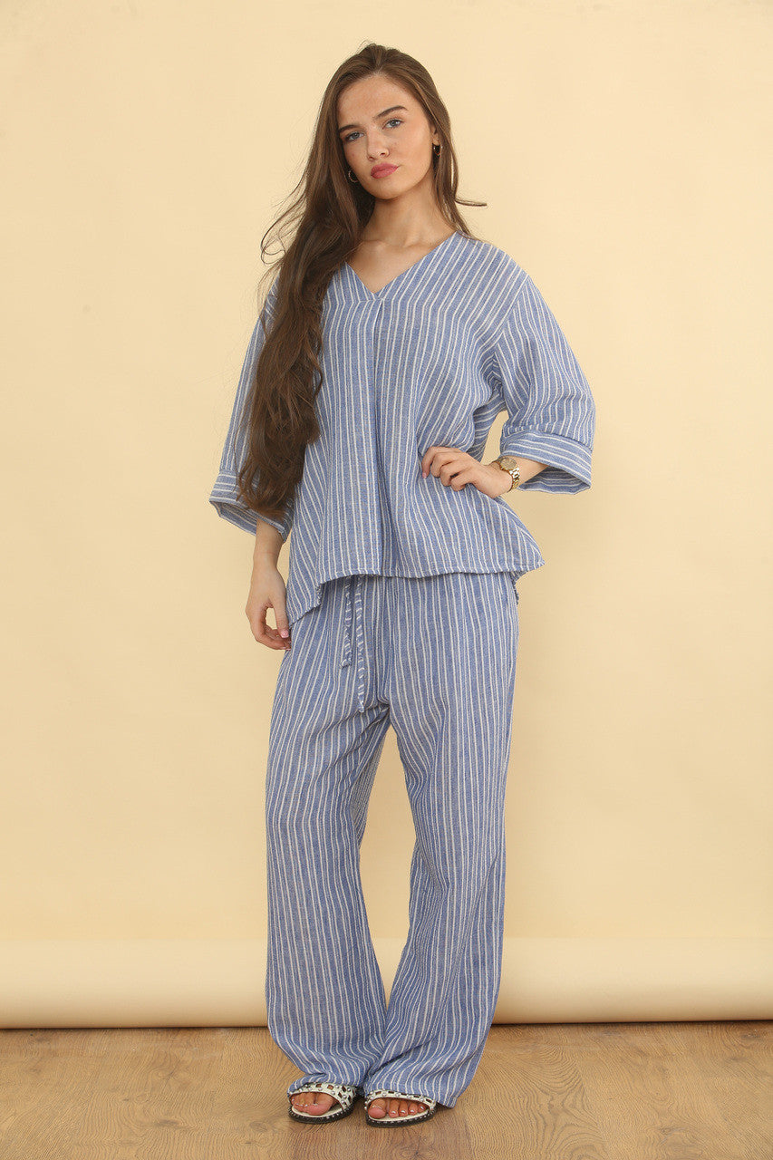 NAALDSTREEP LINNENMIX BROEK EN TOP SET - DENIM