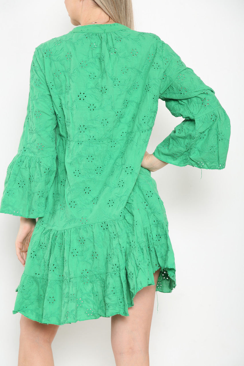 Dames Blousejurk met Gebloemd Broderie Anglaise Motief Groen