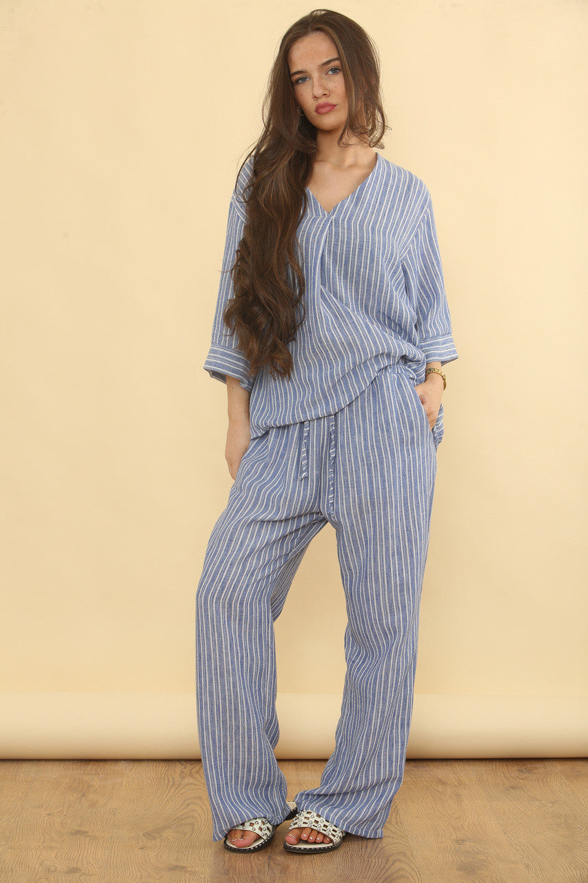 NAALDSTREEP LINNENMIX BROEK EN TOP SET - DENIM