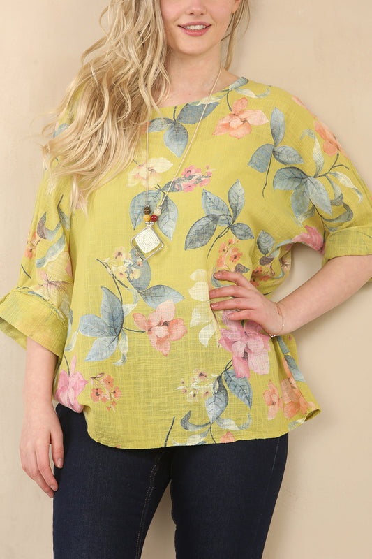 FLORAL CLUSTER PRINT TOP - MUSTARD