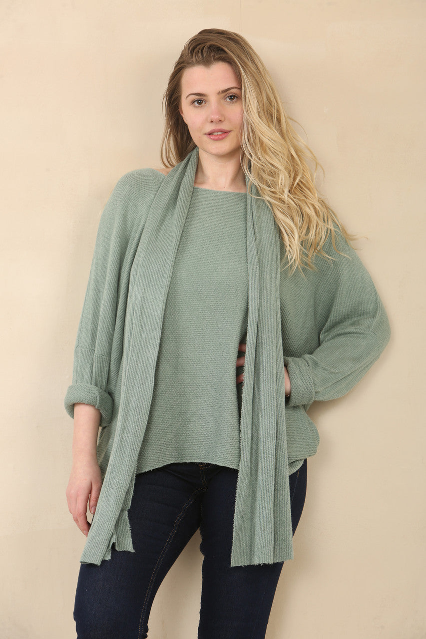 TEXTURED FINE KNIT TOP WITH SCARF - KHAKI