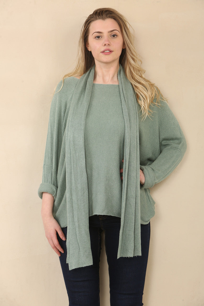 TEXTURED FINE KNIT TOP WITH SCARF - KHAKI