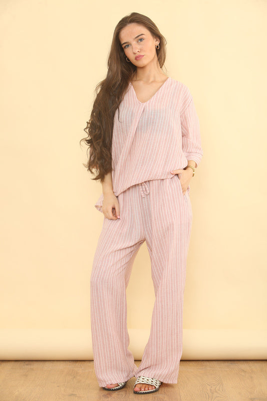 PINSTRIPE LINNEN MIX BROEK CO-ORD SET - DUSTY ROZE