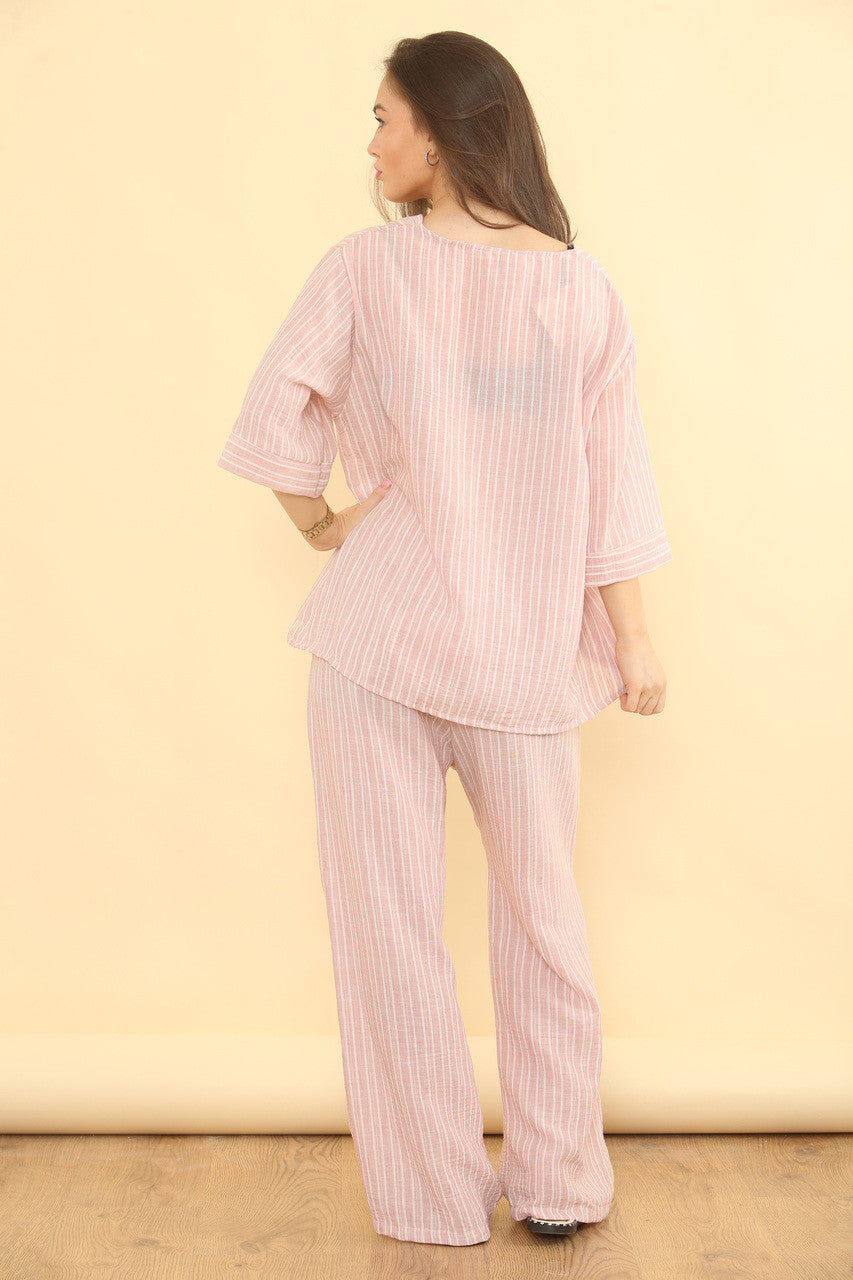 PINSTRIPE LINNEN MIX BROEK CO-ORD SET - DUSTY ROZE