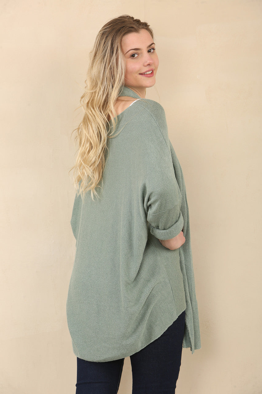 TEXTURED FINE KNIT TOP WITH SCARF - KHAKI
